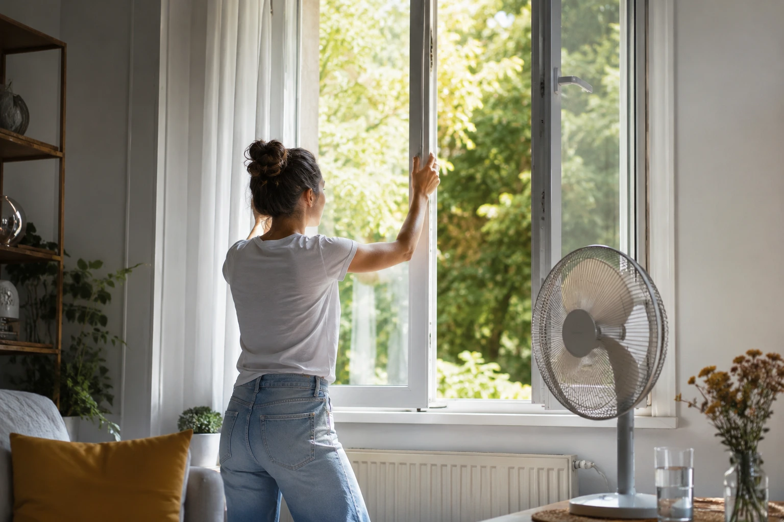 Une femme ouvre ses fenêtres pendant la canicule